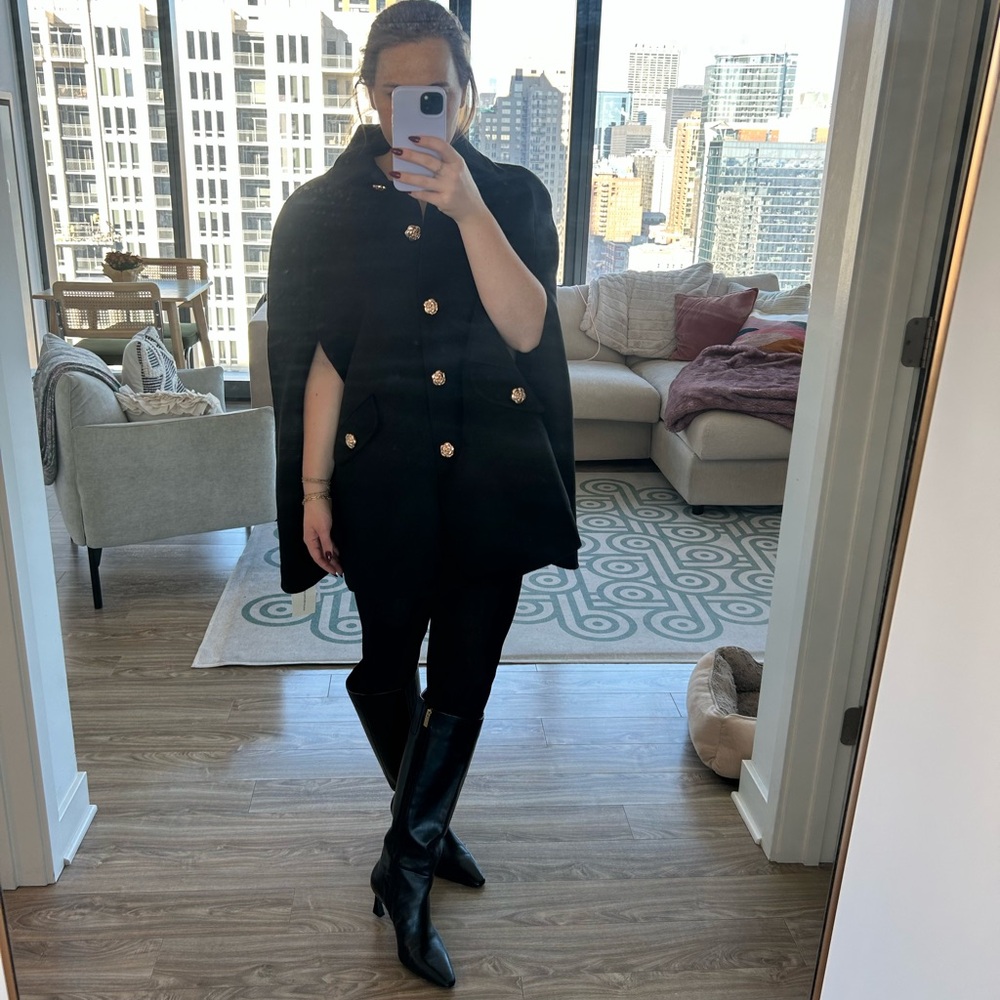 Commense Black Cape Coat with Decorative Buttons - Women Pants & Jumpsuits